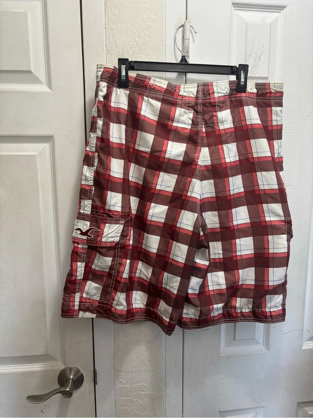 Hollister Men's Red Plaid Swim Board Shorts - Lightweight Quick-Dry